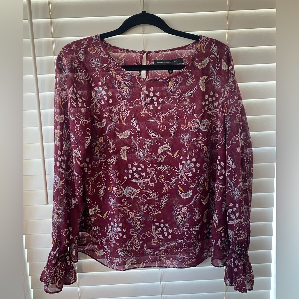 White House Black Market Burgundy Floral Blouse